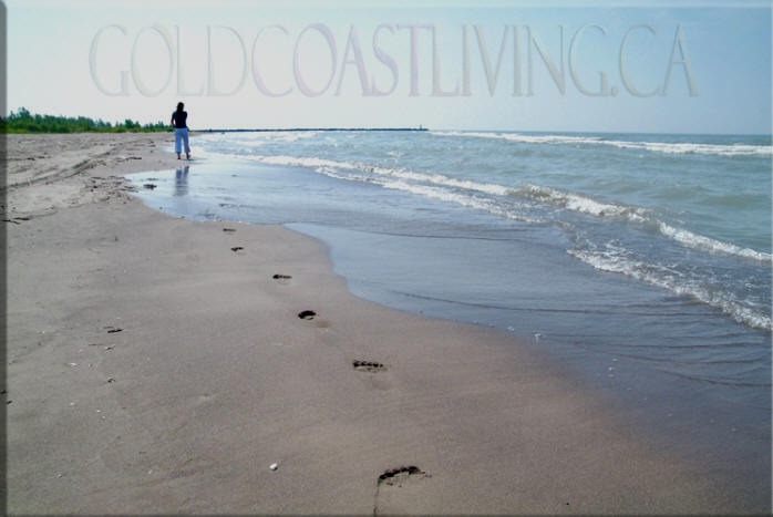 Photograph of Port Burwell Provincial Park Beach, looking east towards pier on Lake Erie, Ontario