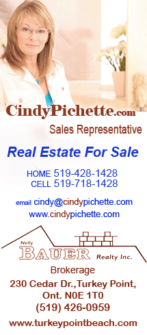 Banner ad for Cindypichette.com, selling real estate, property, lakefront property and cottages in Port Dover, Turkey Point, Simcoe and Long Point, on the Gold Coast, in the South Coast of Ontario on Lake Erie in Norfolk County