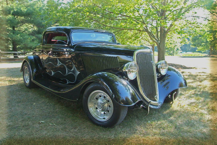 Colour photograph of John V's 1934 Ford 3 window coupe, hot car on the goldcoast, norfolk county on lake erie, near Port Dover, Turkey Point and Long Point Ontario
