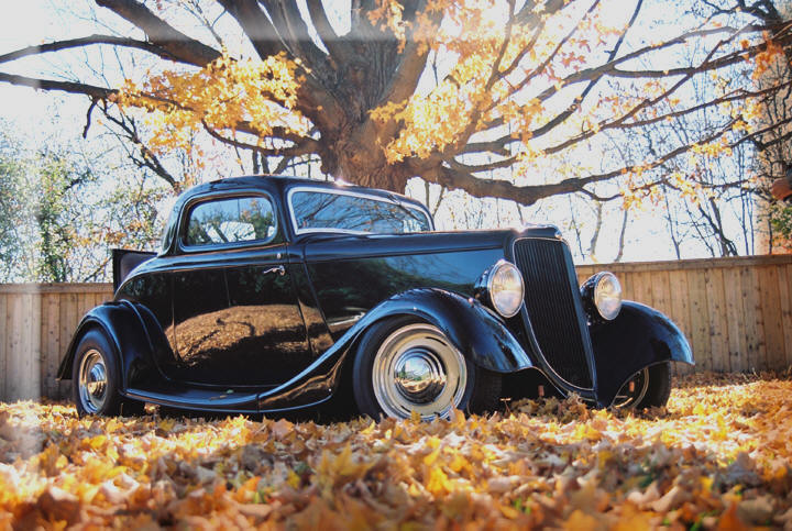 Photograph in autumn of Larry's 1934 Ford , hot car on the goldcoast, norfolk county on lake erie, near Port Dover, Turkey Point and Long Point Ontario