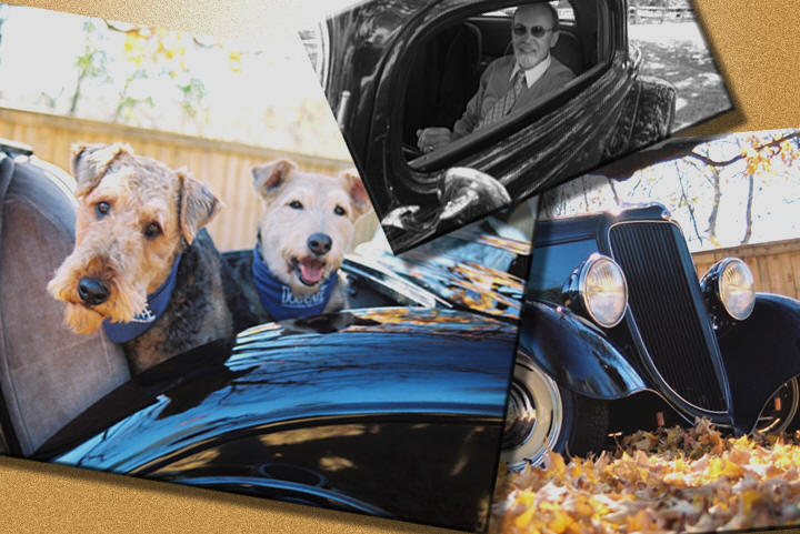 photo collage of Larry's  1934 Ford 3 window coupe, hot car on the goldcoast, norfolk county on lake erie, near Port Dover, Turkey Point and Long Point Ontario