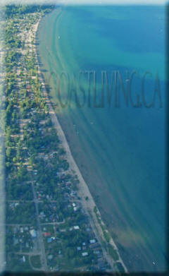 aerial photograph of Turkey Point beach ontario, looking east along the shore of Lake Erie in Norfolk County