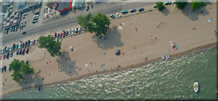 Turkey Point beach Ontario from the air, looking down near Turkey Point Hotel on the shores of Lake Erie, off of Norfolk County