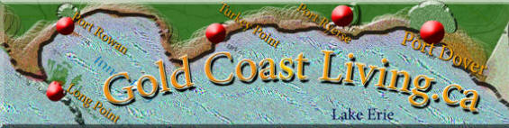 Link and map of the gold coast of ontario, Port Dover, Turkey Point, Simcoe, Long Point, and Port Ryerse in Norfolk County on Lake Erie