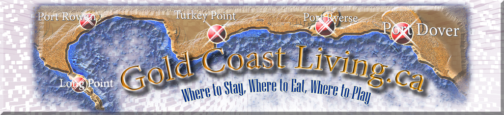 Link and map of the gold coast, on the south coast of ontario, Port Dover, Turkey Point, Simcoe, Long Point, and Port Ryerse in Norfolk County on Lake Erie